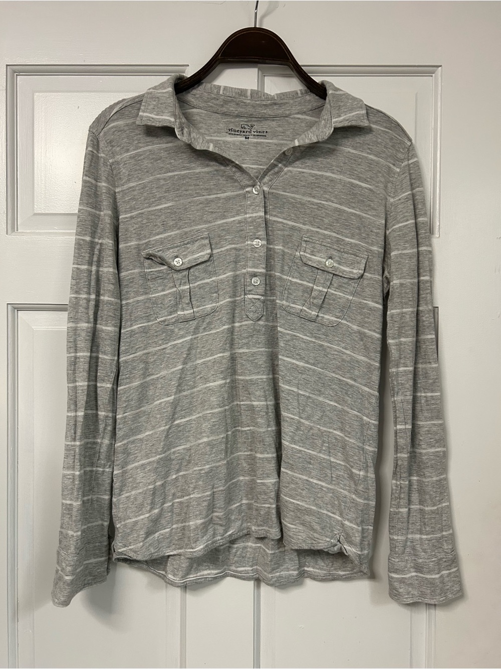 Vineyard Vines Gray and White Striped Long-Sleeve Polo
